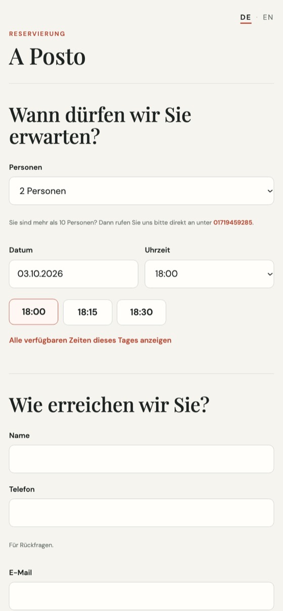 Das Buchungsformular auf dem Handy: Personen, Datum und Uhrzeit wählen